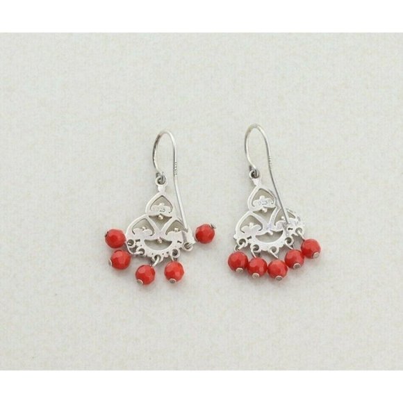 Sterling Silver Rondelle Cut Red Bead Earrings Dangle Drop Earrings - Picture 7 of 7